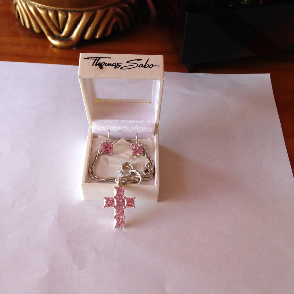 Thomas Sabo Sterling Silver Pink Cross and Chain with Earrings
